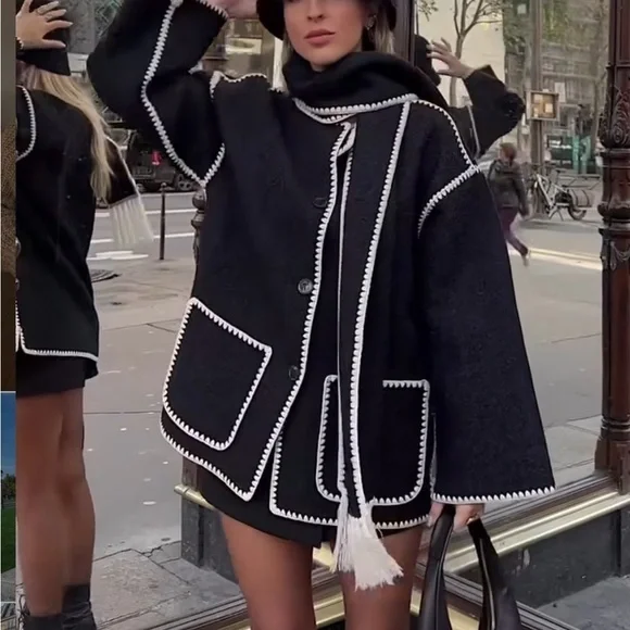 Coat trim Wool-blend With Tassel Scarf coat - Picture 1 of 6